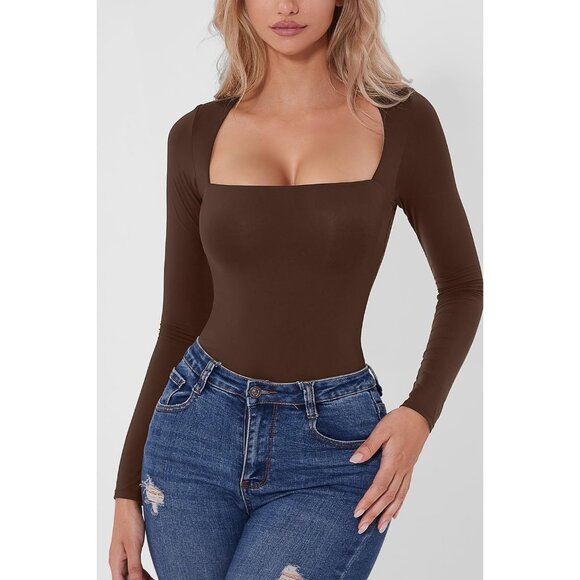 Women's Coffee Bean Square Neck Long Sleeve Double Lined Shirt Tops Bodysuit - Picture 5 of 6